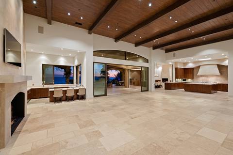 Great room and kitchen at twilight